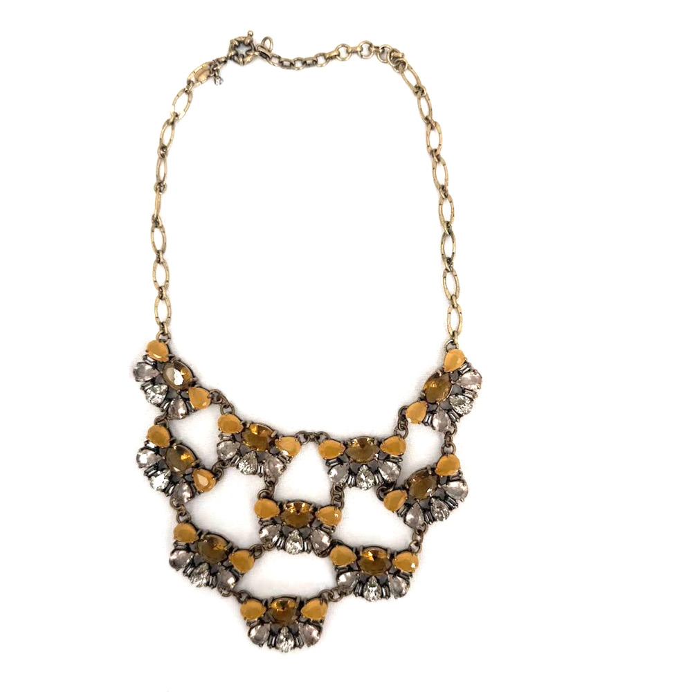 J Crew Statement Necklace Gold Tone Amber Clear Rhinestone Bib Chain Adjustable